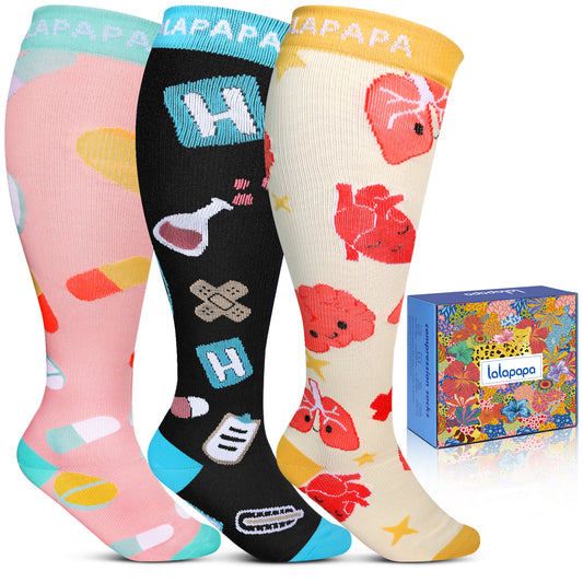 3Pairs Wide Calf Compression Socks for Women - 15-20mmHg with Graduated Support for Nurse Travel Pregnant