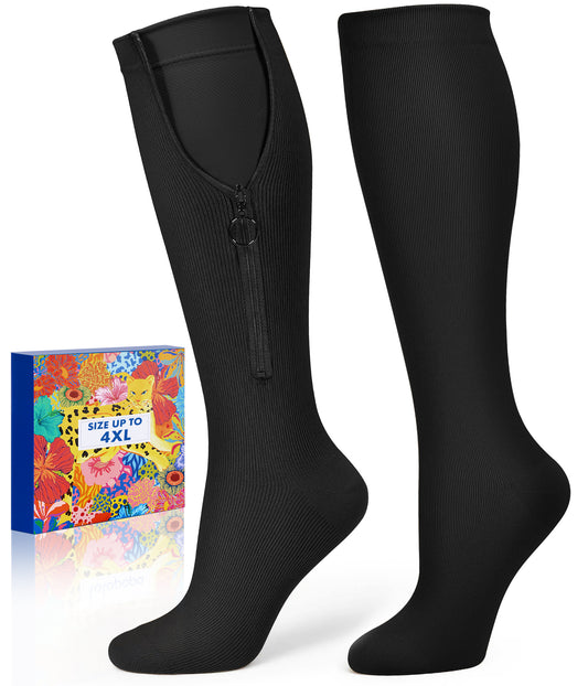 Zipper Compression Socks for Women Men - Compression Socks with Inner Lining Easy On, 20-30mmHg Graduated Support