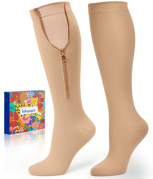 Zipper Compression Socks for Women Men - Compression Socks with Inner Lining Easy On, 20-30mmHg Graduated Support