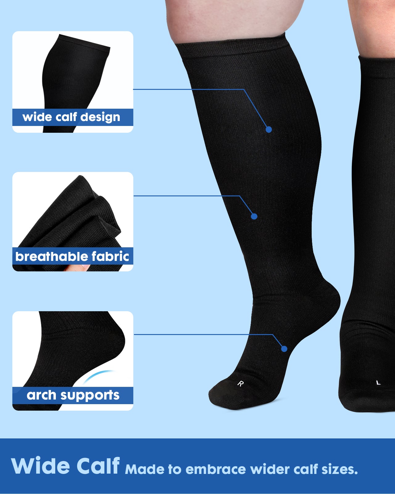 3Pairs Wide Calf Compression Socks for Women - 15-20mmHg with Graduated Support for Nurse Travel Pregnant