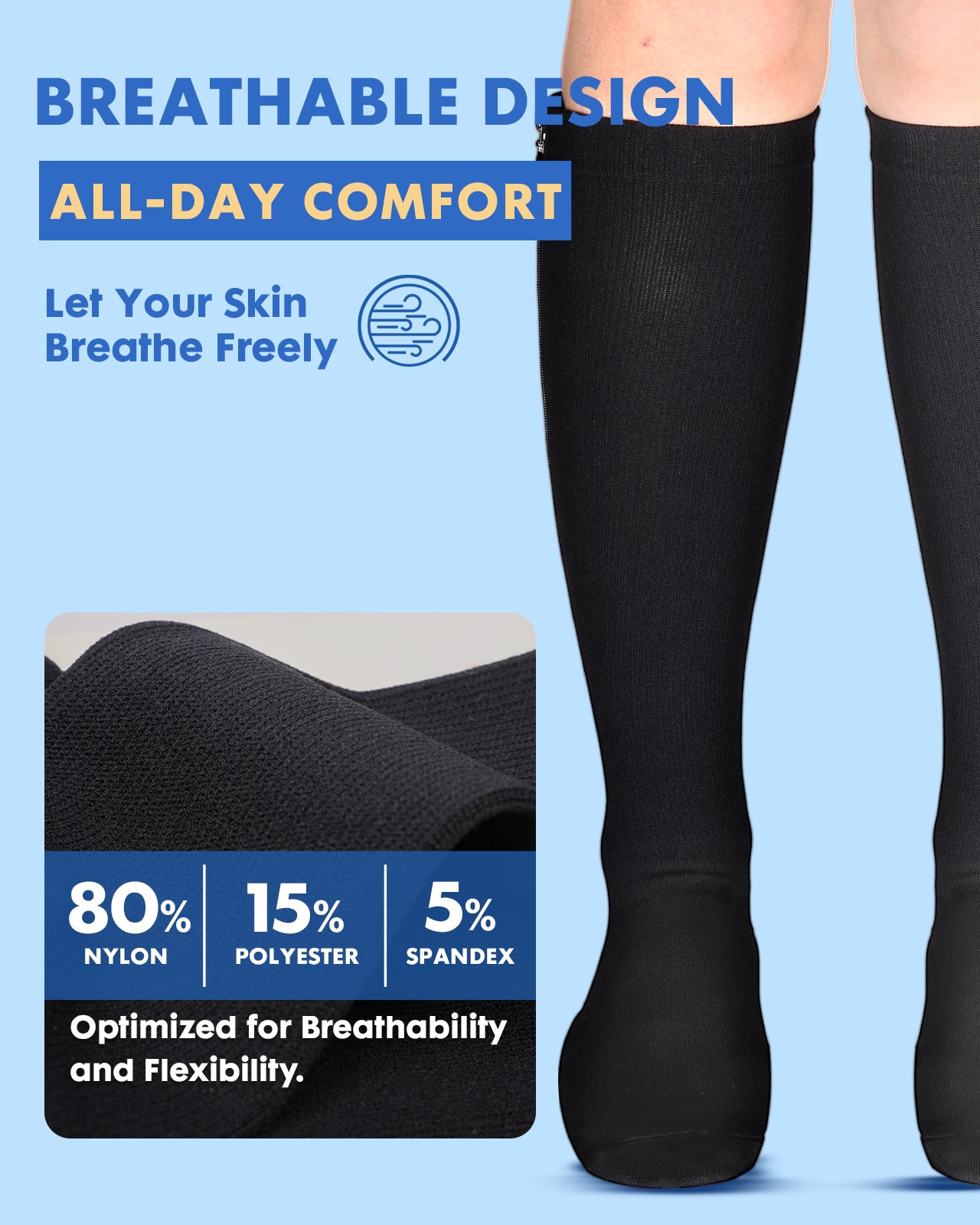 Zipper Compression Socks for Women Men - Compression Socks with Inner Lining Easy On, 20-30mmHg Graduated Support