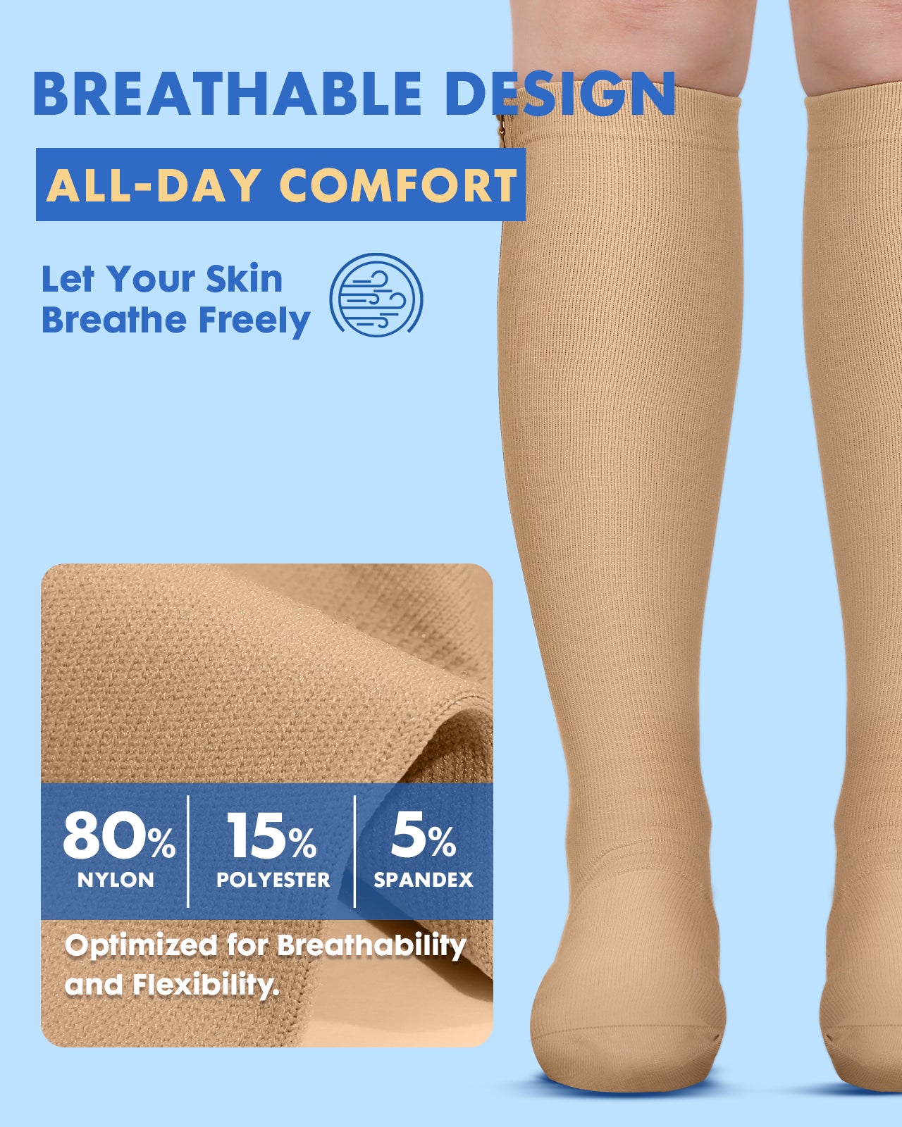 Zipper Compression Socks for Women Men - Compression Socks with Inner Lining Easy On, 20-30mmHg Graduated Support