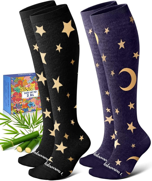 Bamboo Viscose Knee-High Compression Socks – 2 Pairs, 15-20mmHg for Men & Women, Perfect for Travel & Nurses