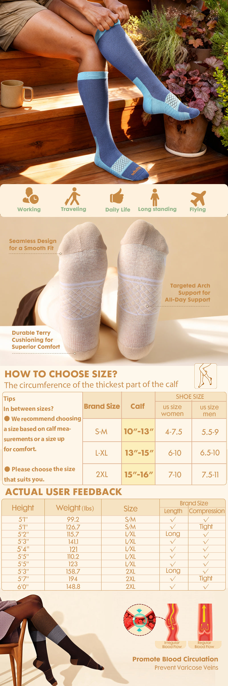Cotton Arch-Support Compression Socks, 20–30 mmHg – 2 Pairs