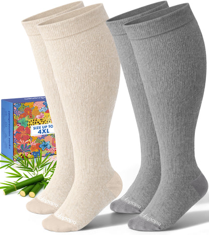 Bamboo Wide Calf Compression Socks – 2 Pairs, 15-20mmHg Graduated Support for Men & Women, Plus Size
