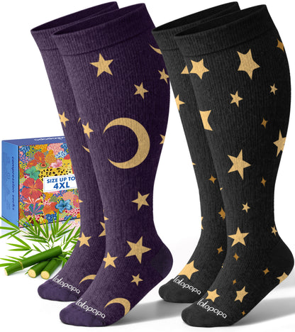 Bamboo Wide Calf Compression Socks – 2 Pairs, 15-20mmHg Graduated Support for Men & Women, Plus Size
