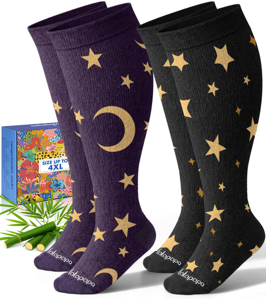 Bamboo Wide Calf Compression Socks – 2 Pairs, 15-20mmHg Graduated Support for Men & Women, Plus Size