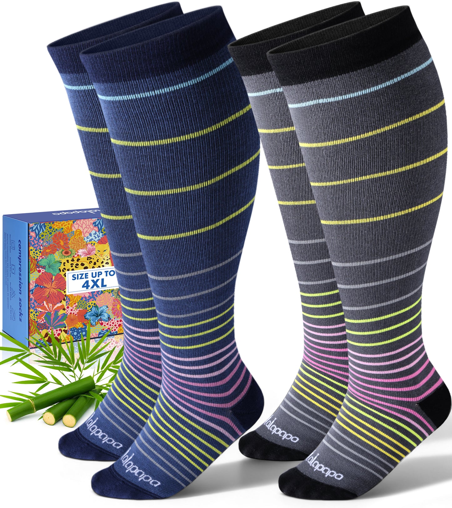 Bamboo Wide Calf Compression Socks – 2 Pairs, 15-20mmHg Graduated Support for Men & Women, Plus Size