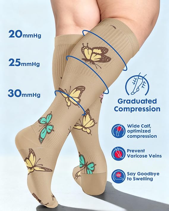 Wide Calf Compression Socks for Women - 3-Pair Plus Size 20-30mmHg Ankle Support Easy on off Socks for Travel Nurse