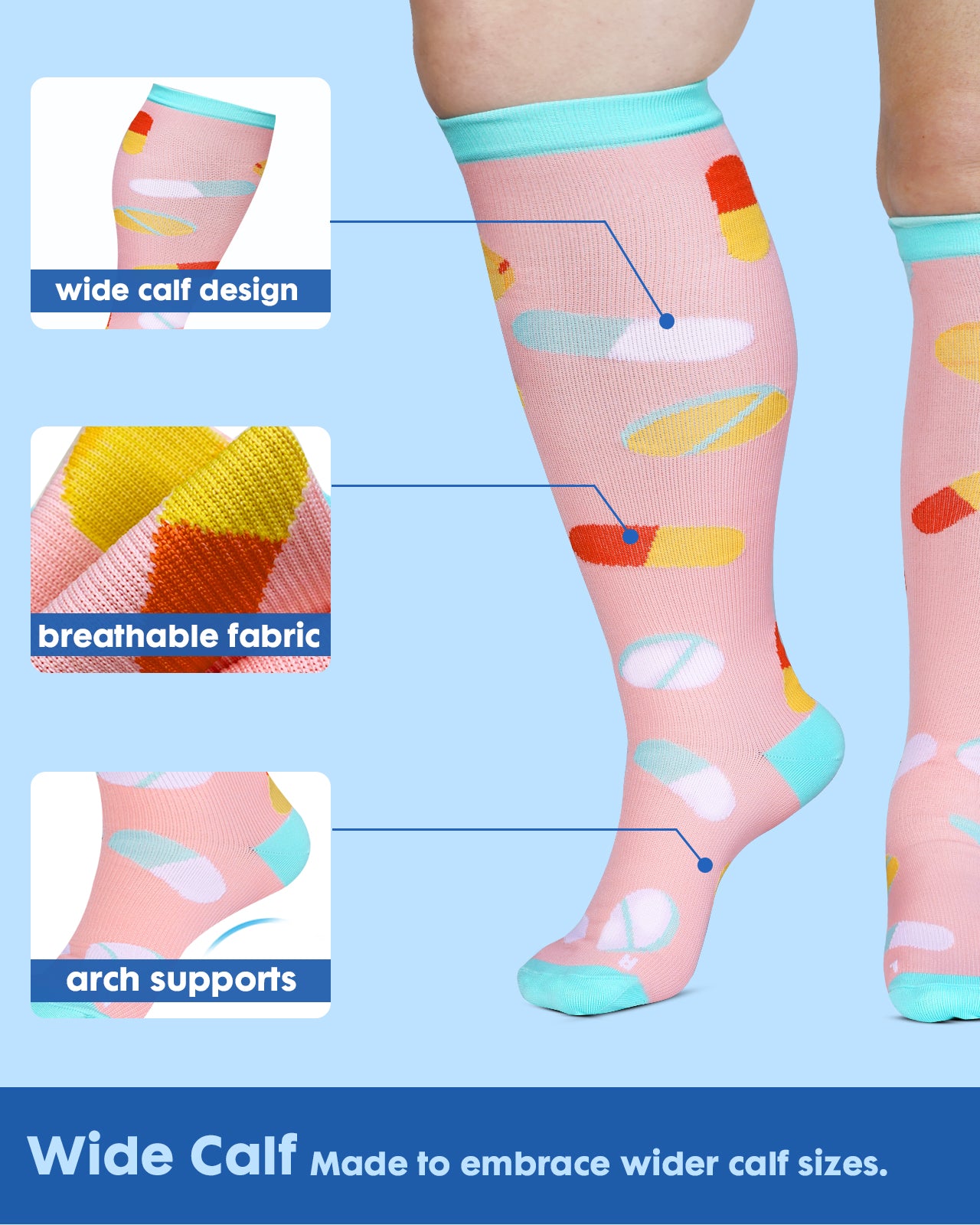 3Pairs Wide Calf Compression Socks for Women - 15-20mmHg with Graduated Support for Nurse Travel Pregnant