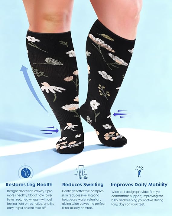 Wide Calf Compression Socks for Women - 3-Pair Plus Size 20-30mmHg Ankle Support Easy on off Socks for Travel Nurse