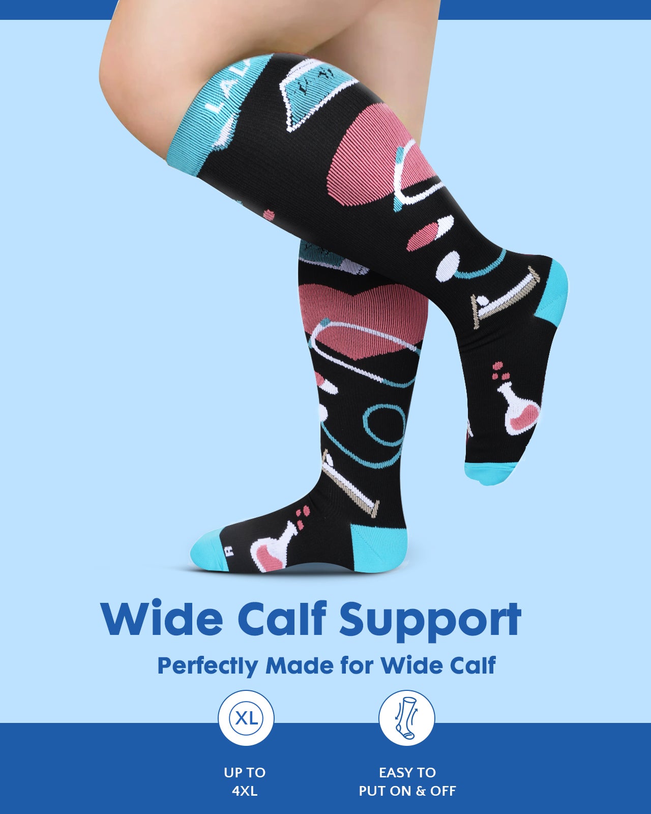 3Pairs Wide Calf Compression Socks for Women - 15-20mmHg with Graduated Support for Nurse Travel Pregnant