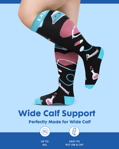 3Pairs Wide Calf Compression Socks for Women - 15-20mmHg with Graduated Support for Nurse Travel Pregnant