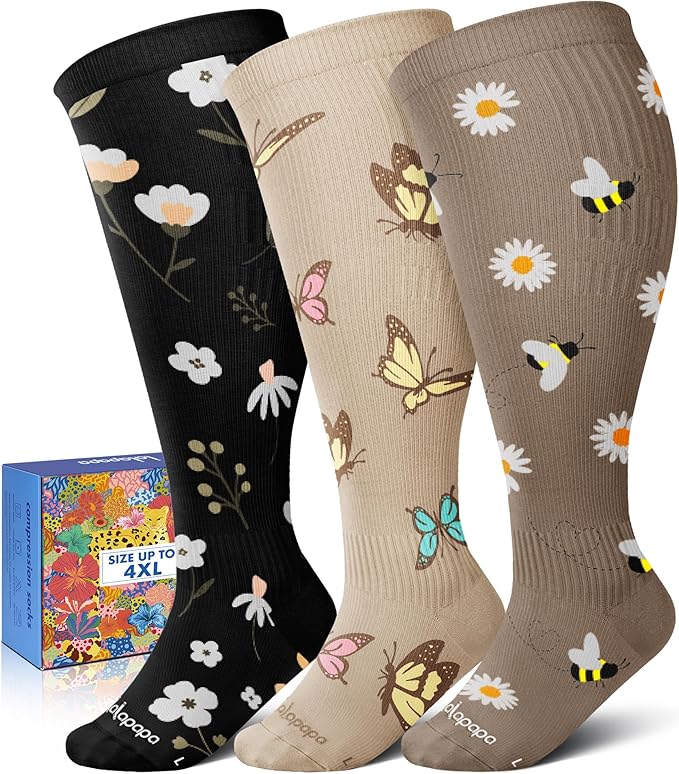 Wide Calf Compression Socks for Women - 3-Pair Plus Size 20-30mmHg Ankle Support Easy on off Socks for Travel Nurse