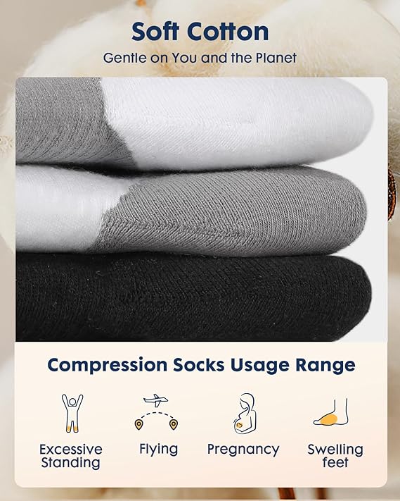 Comfortable Cotton Compression Socks – 20-30mmHg Breathable Arch Support for Men & Women, Ideal for Flying & Nurses
