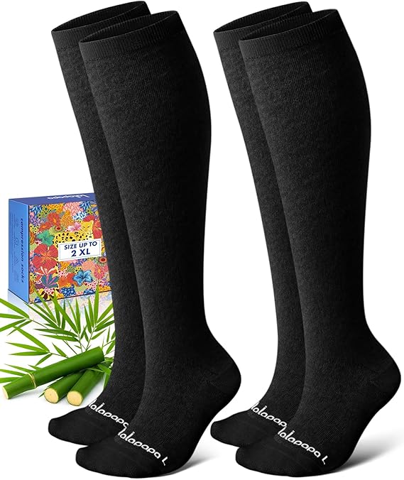 Bamboo Viscose Knee-High Compression Socks – 2 Pairs, 15-20mmHg for Men & Women, Perfect for Travel & Nurses