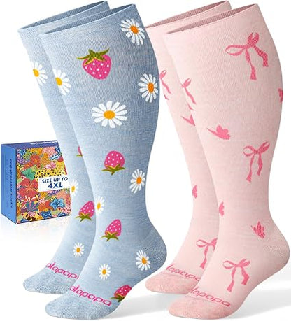 Lalapapa Wide-Calf Cotton Compression Socks · 2 Pairs — Daisy Bow