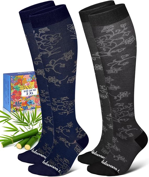 Bamboo Viscose Knee-High Compression Socks – 2 Pairs, 15-20mmHg for Men & Women, Perfect for Travel & Nurses