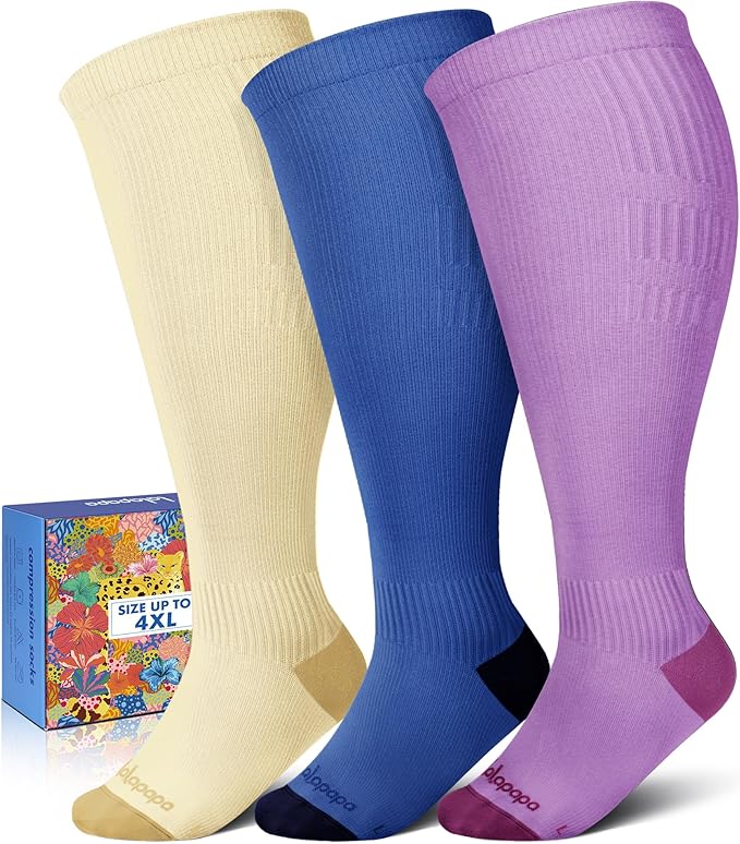 Wide Calf Compression Socks for Women - 3-Pair Plus Size 20-30mmHg Ankle Support Easy on off Socks for Travel Nurse