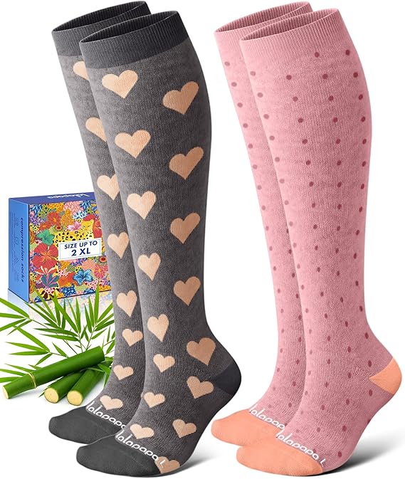 Bamboo Viscose Knee-High Compression Socks – 2 Pairs, 15-20mmHg for Men & Women, Perfect for Travel & Nurses