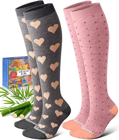 Bamboo Viscose Knee-High Compression Socks – 2 Pairs, 15-20mmHg for Men & Women, Perfect for Travel & Nurses
