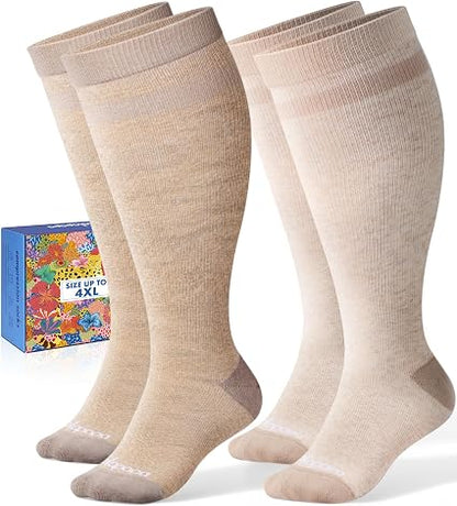 Lalapapa Wide-Calf Cotton Compression Socks · 2 Pairs — Beige Oatmeal
