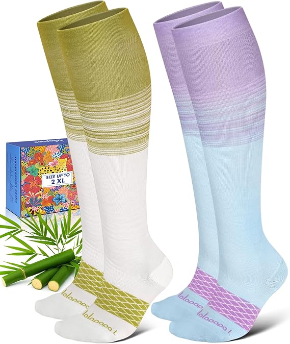 Bamboo Viscose Knee-High Compression Socks – 2 Pairs, 15-20mmHg for Men & Women, Perfect for Travel & Nurses