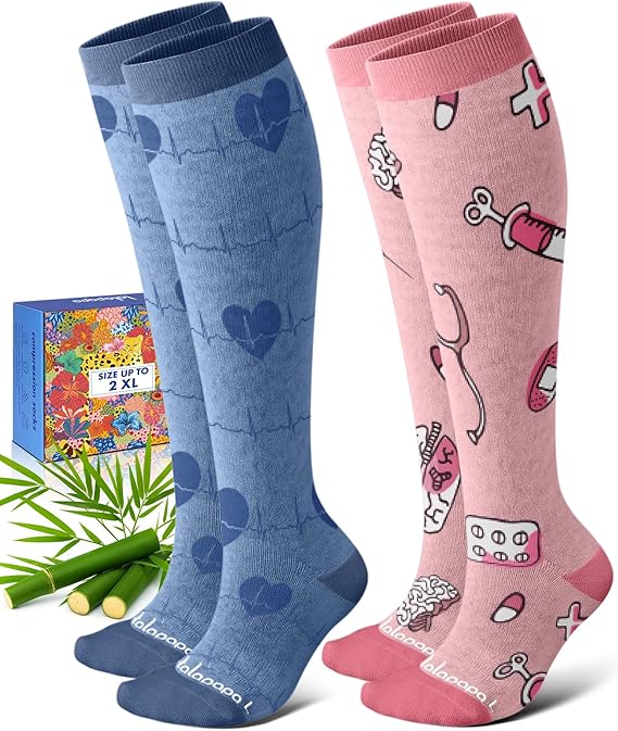 Bamboo Viscose Knee-High Compression Socks – 2 Pairs, 15-20mmHg for Men & Women, Perfect for Travel & Nurses