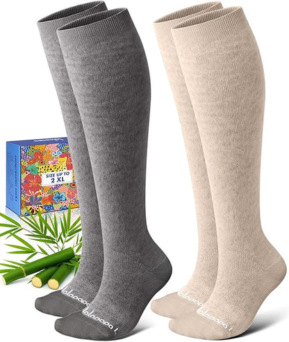Bamboo Viscose Knee-High Compression Socks – 2 Pairs, 15-20mmHg for Men & Women, Perfect for Travel & Nurses