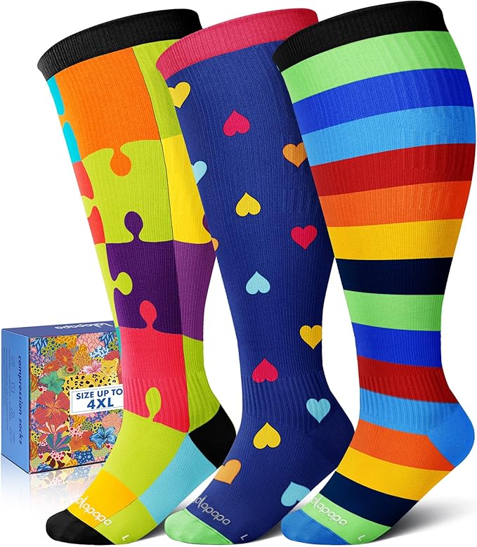 Wide Calf Compression Socks for Women - 3-Pair Plus Size 20-30mmHg Ankle Support Easy on off Socks for Travel Nurse