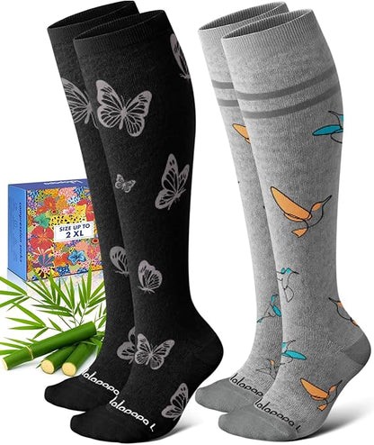 Bamboo Viscose Knee-High Compression Socks – 2 Pairs, 15-20mmHg for Men & Women, Perfect for Travel & Nurses