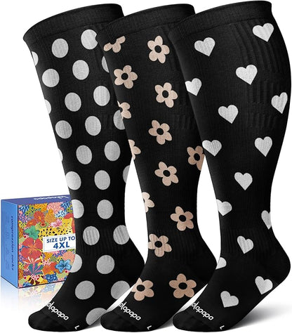 Wide Calf Compression Socks for Women - 3-Pair Plus Size 20-30mmHg Ankle Support Easy on off Socks for Travel Nurse