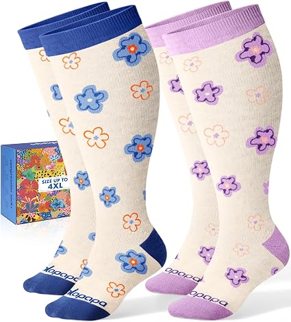 Lalapapa Wide-Calf Cotton Compression Socks · 2 Pairs — Spring Flower