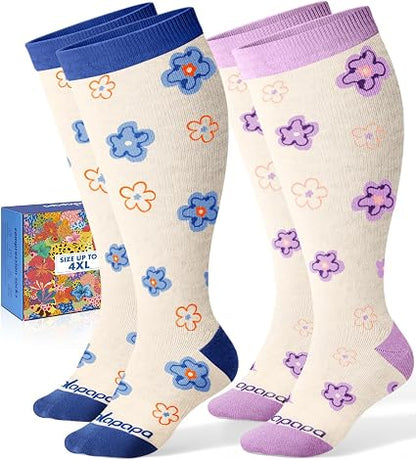 Lalapapa Wide-Calf Cotton Compression Socks · 2 Pairs — Spring Flower