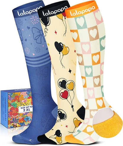 Cute 3-Pair Compression Socks for Women – 20-30mmHg Graduated Support, Lightweight for Daily Wear, Travel & Nurses