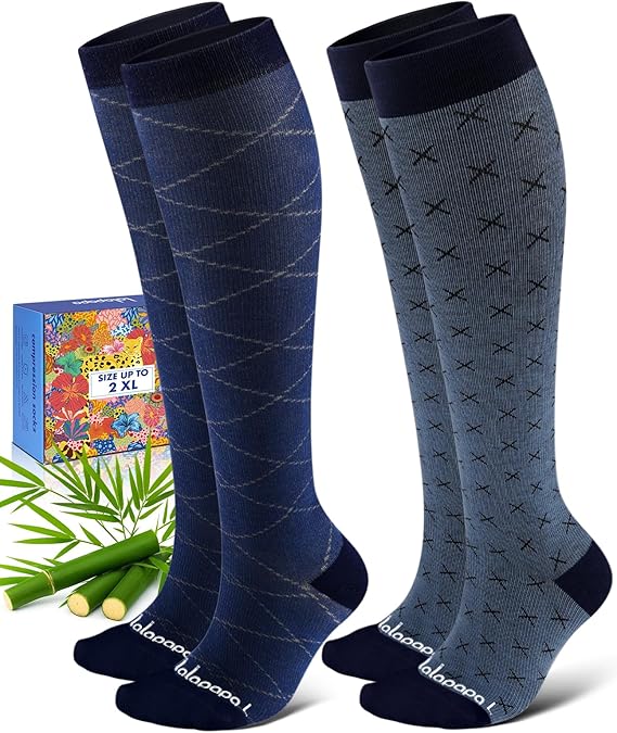 Bamboo Viscose Knee-High Compression Socks – 2 Pairs, 15-20mmHg for Men & Women, Perfect for Travel & Nurses