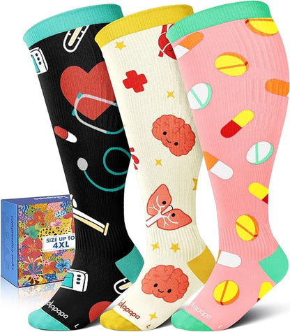 Wide Calf Compression Socks for Women - 3-Pair Plus Size 20-30mmHg Ankle Support Easy on off Socks for Travel Nurse