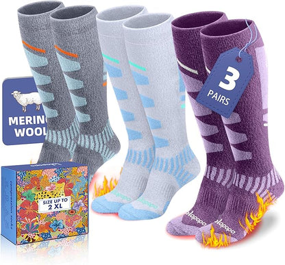Merino Wool Ski Socks for Women Men - Warm Thermal Padded Cushioned Knee High Socks for Winter Skiing Snowboarding