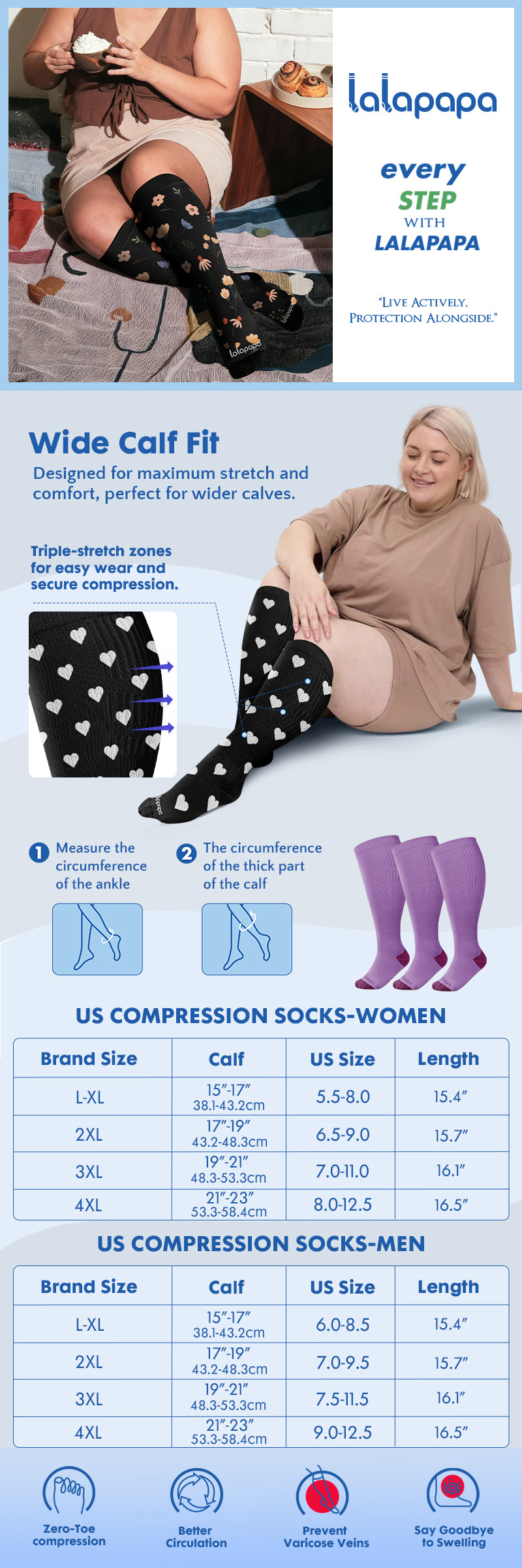 Wide-Calf Nylon Compression Socks, 20–30 mmHg – 3 Pairs