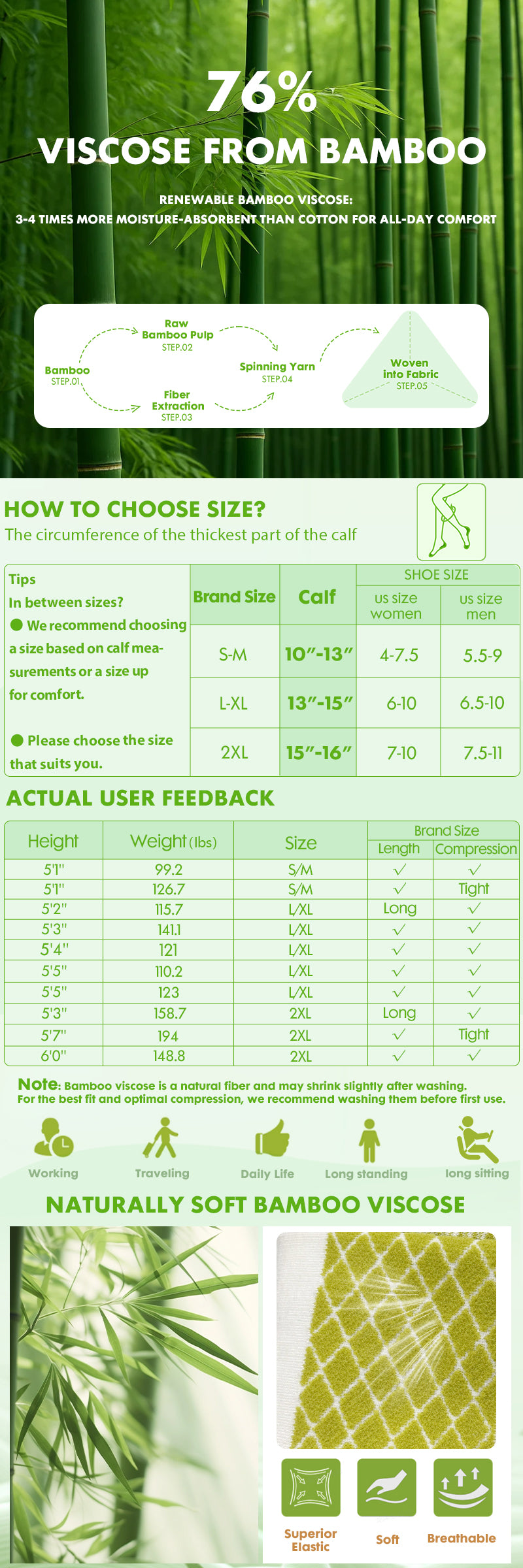 Bamboo Viscose Compression Socks, 15–20 mmHg – 2 Pairs
