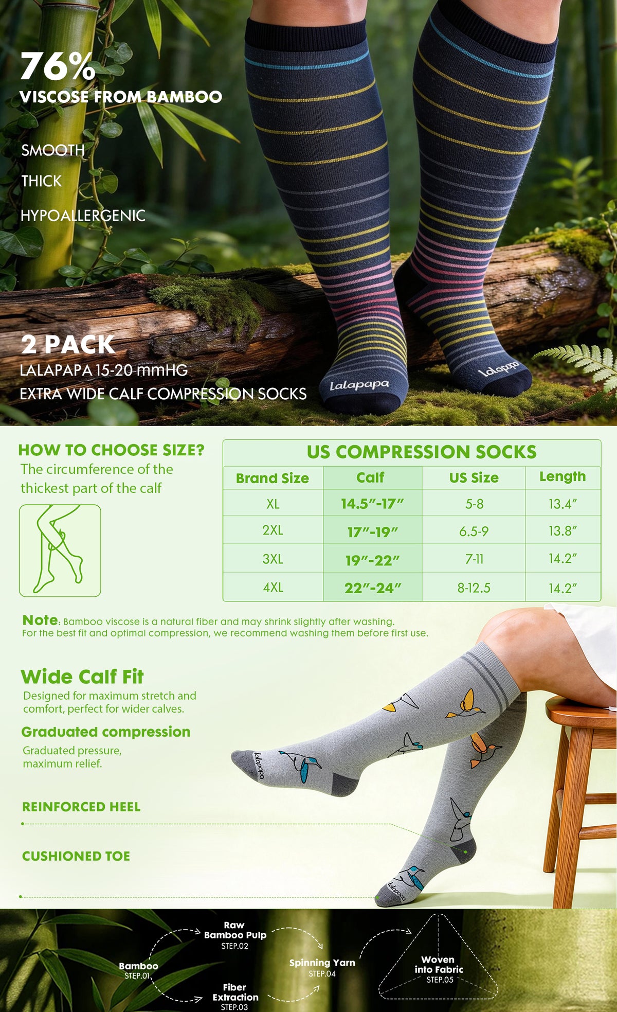 Wide-Calf Bamboo Viscose Compression Socks, 15–20 mmHg – 2 Pairs