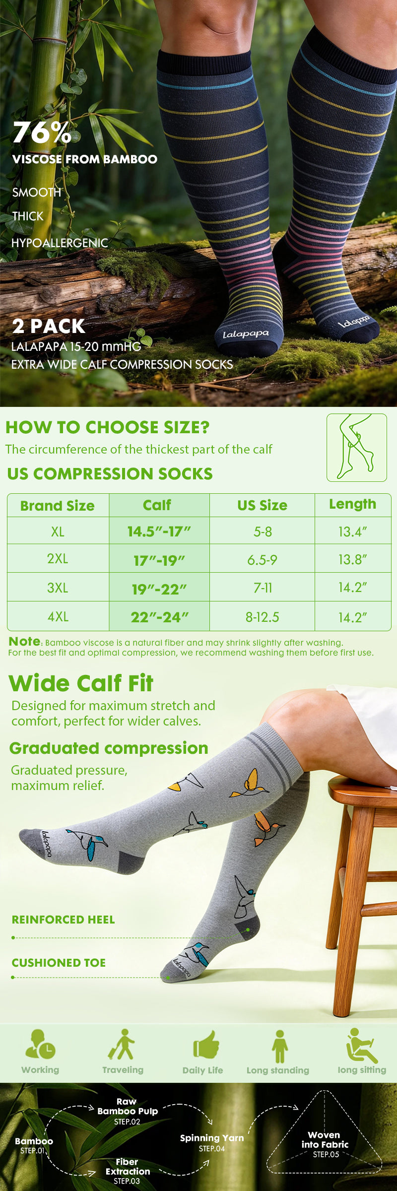 Wide-Calf Bamboo Viscose Compression Socks, 15–20 mmHg – 2 Pairs